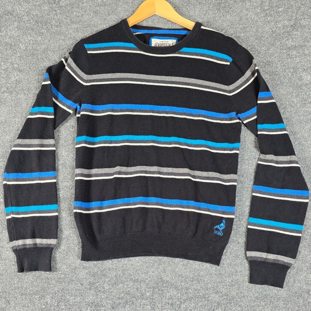 Y2K Aeropostale Mens Sweater Black Blue Gray Stripe‎ Crew Neck Pullover Sz Small
